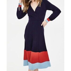 Boden Womens Midi Dress Size 10/Medium Magnolia Jersey Blue Red Faux Wrap